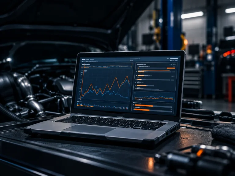 Diagnostic laptop on an engine bay